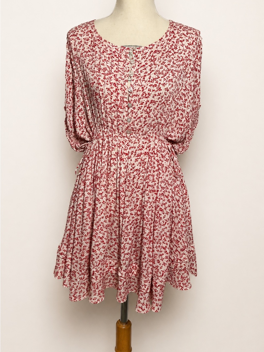 Free People Ivory Red Floral Rayon Mini Dress Small